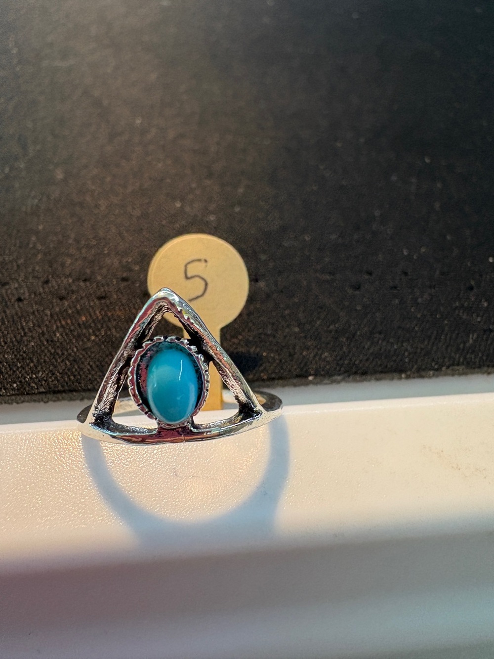 Silver Tone Triangle Ring with Turquoise Stone Size 5
